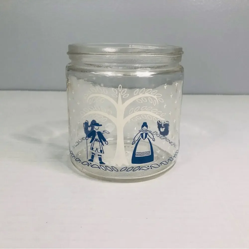 Vintage Dutch Folk Art Glass Canister Blue White Farmhouse‎ Storage Jar 1716
